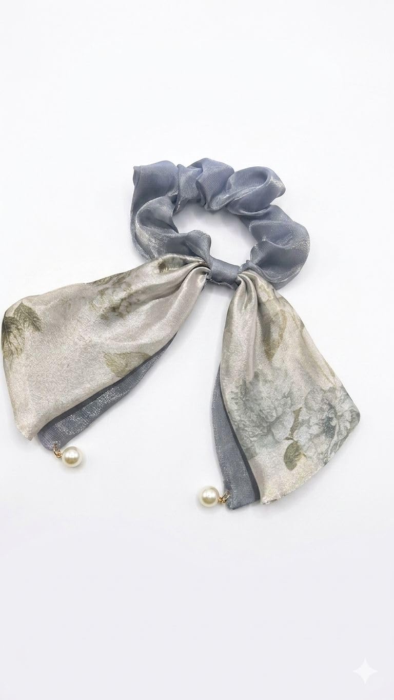 Pink Scarf Hair Band with Pearls, Gray, Soft Satin Fabric for Girls