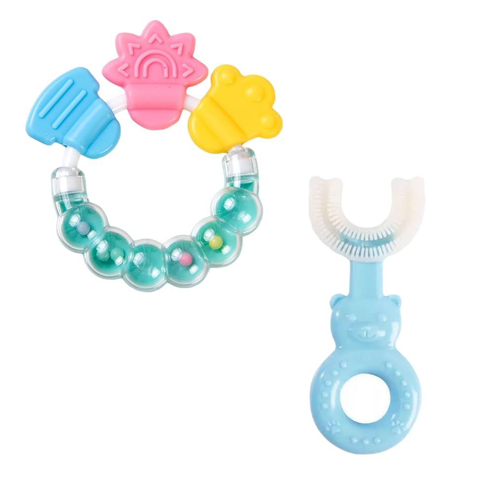 Rattle Nibbler & U Shape Toothbrush Combo | BPA-Free Silicone Rattle Nibbler & Baby Toothbrush | Safe & Effective Baby Oral Care | Ideal for 0-12 Months (Green & Blue)