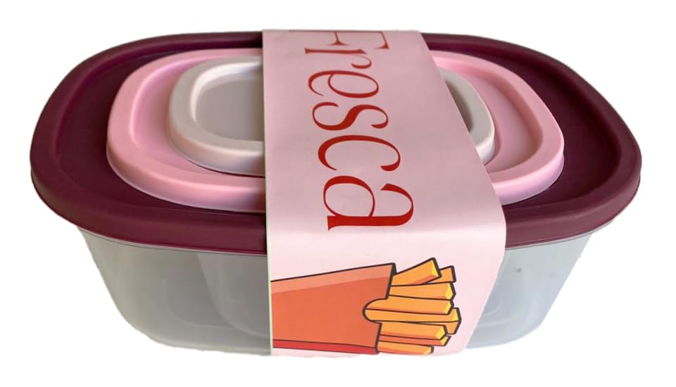 Fresca Nesting Food Storage Container Set, Clear with Burgundy and Pink Lids, 3-Piece Stackable Kitchen Organization System