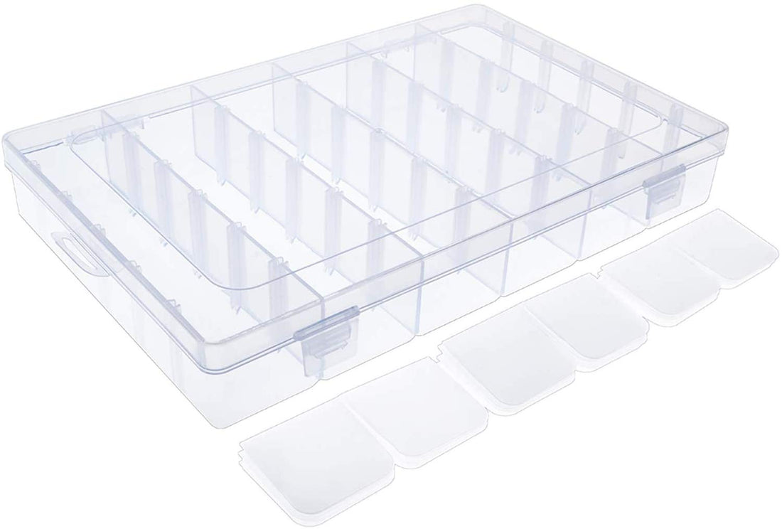DELFINO Organizer Box, Clear Plastic Organizer Box Storage Container Jewelry Box with Adjustable Dividers, for Rock Mineral Collection Beads Crafts Jewelry Fishing Tackles, 1 Pack, 36 Grids