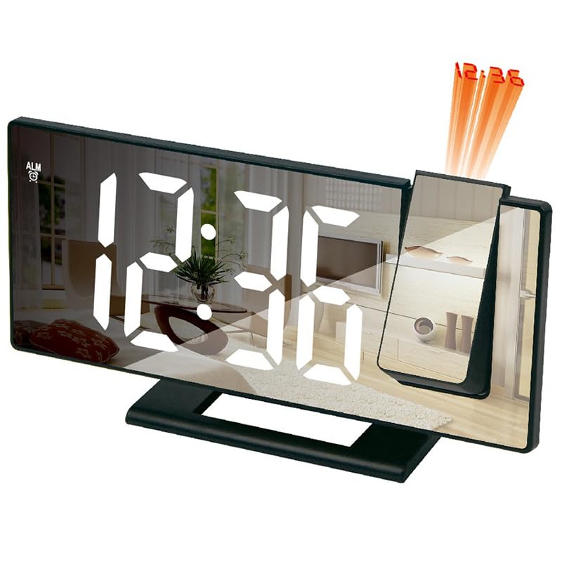 Digital Alarm Clock with 180° Rotating Projector, Mirror Screen, Snooze – Bedroom Desk Clock (ساعة منبه رقمية بشاشة عاكسة و بروجكتور دوار 180°) (Text Color : Random Color)