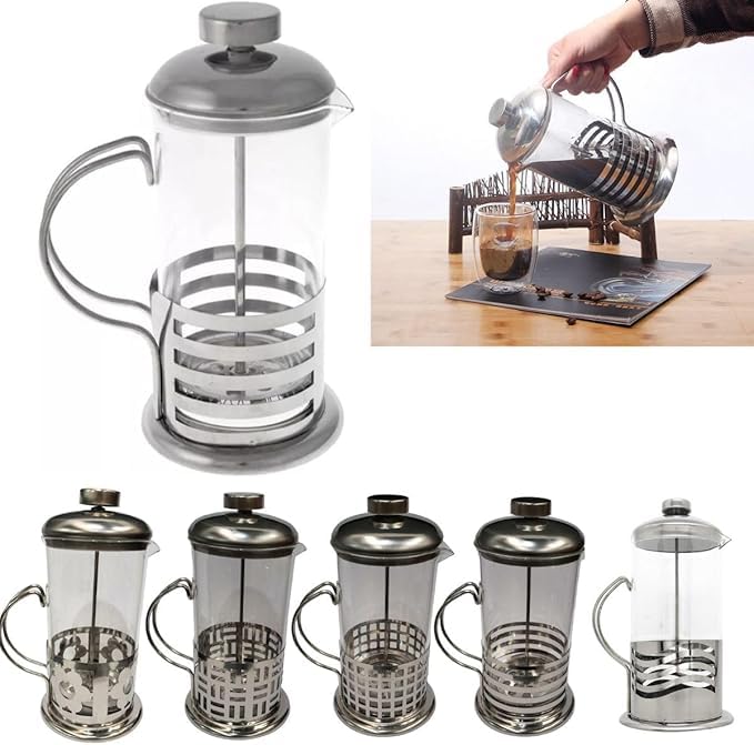 Glass French Press Coffee Maker, 350ml Capacity, Stainless Filter and Frame, Heat Resistant Borosilicate Glass, Silver