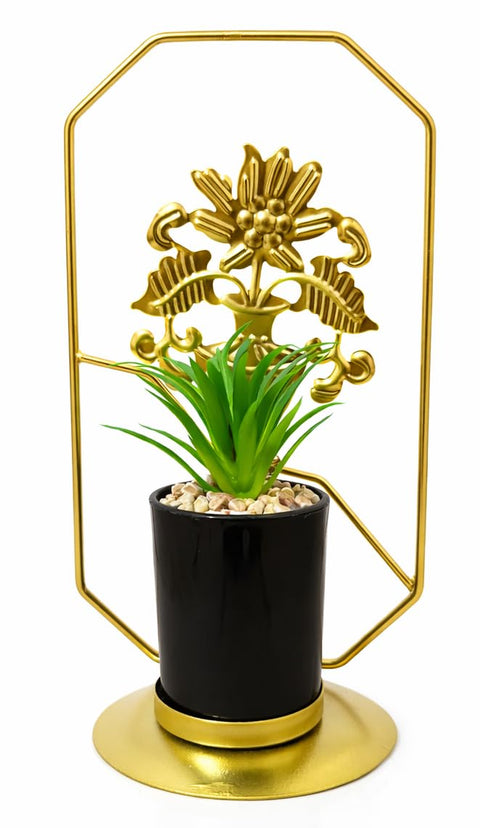 Artificial Plant Decor Gold Metal Frame Elegant Bird and Leaves with Black Pot with Premium Gold Base – Unique Modern Addition to Home Office Decor (Shape 2)