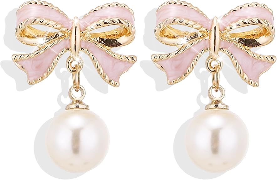 fashion mania Bow Earrings for Women Trendy Stuff Cute Bow Pearl Drop Dangle Earrings Bowknot Stud Wedding Party Daily Jewelry Accessory Gifts Christmas Stocking Stuffers
