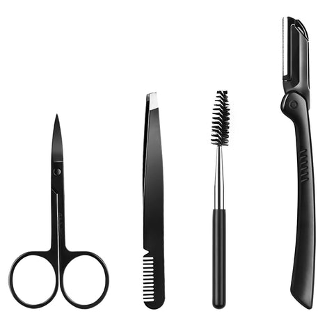 Tazweeq Eyebrow Razor, 4 in 1 Eyebrow Kit, Eyebrow Trimming Kit Including Brow Razors, Brush, Eyebrow Scissors, Tweezers, for Women and Men, Black