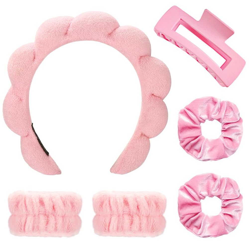 Skin Care Headband for Washing Face Makeup,Sponges Bubble Soft Puffy Padded Headwear for Women Girl Non Slip Thick Hair Accessory (Pink)