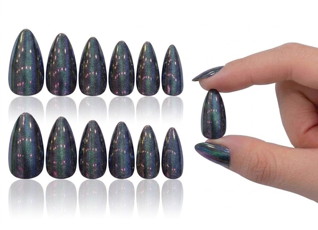 Holographic Chrome Press-On Nails - 12 pcs PRESS ON NAILS - MIRROR METALIC False Nails, Perfect For Parties+ 1 SHEET DOUBLE FACE- (N6)