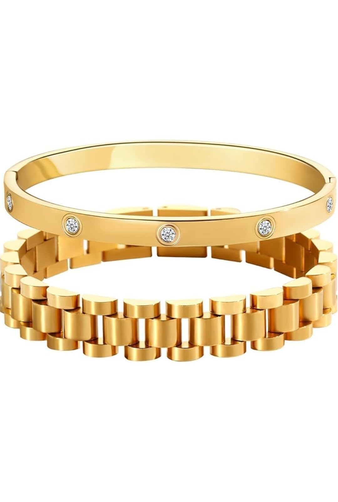 Hagat Banat Store Gold Bracelets for Women Gold Stackable Bracelets for Women 18K Gold Plated Stainless Steel Cubic Zirconia Karter Bracelets (Gold Watch Rolx Bracelets & Karter Bracelets)