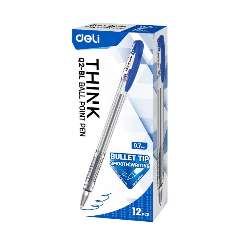 Deli EQ2-BL Ball Point Pen 12-Pieces, 0.7 mm Bullet Tip, Blue