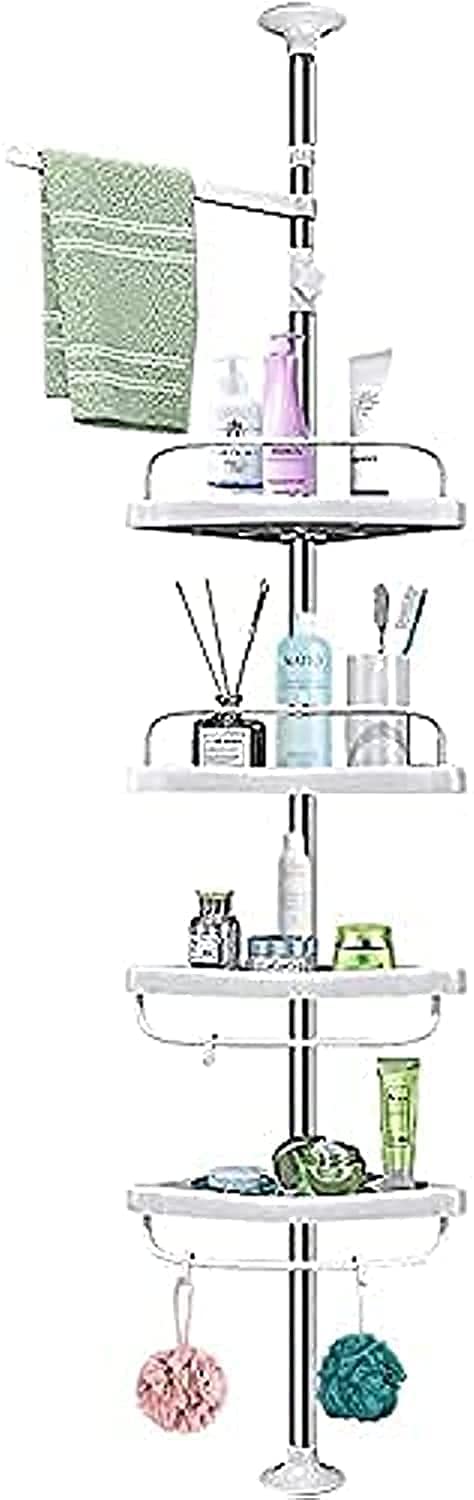 Shower Caddy Rustproof Stainless Steel Pole 4-Tier Shower Corner Caddy Tension Pole Adjustable Bathroom Shelf Floor to Ceiling Bathtub Shampoo Storage Rack Organizer Holder No Drilling