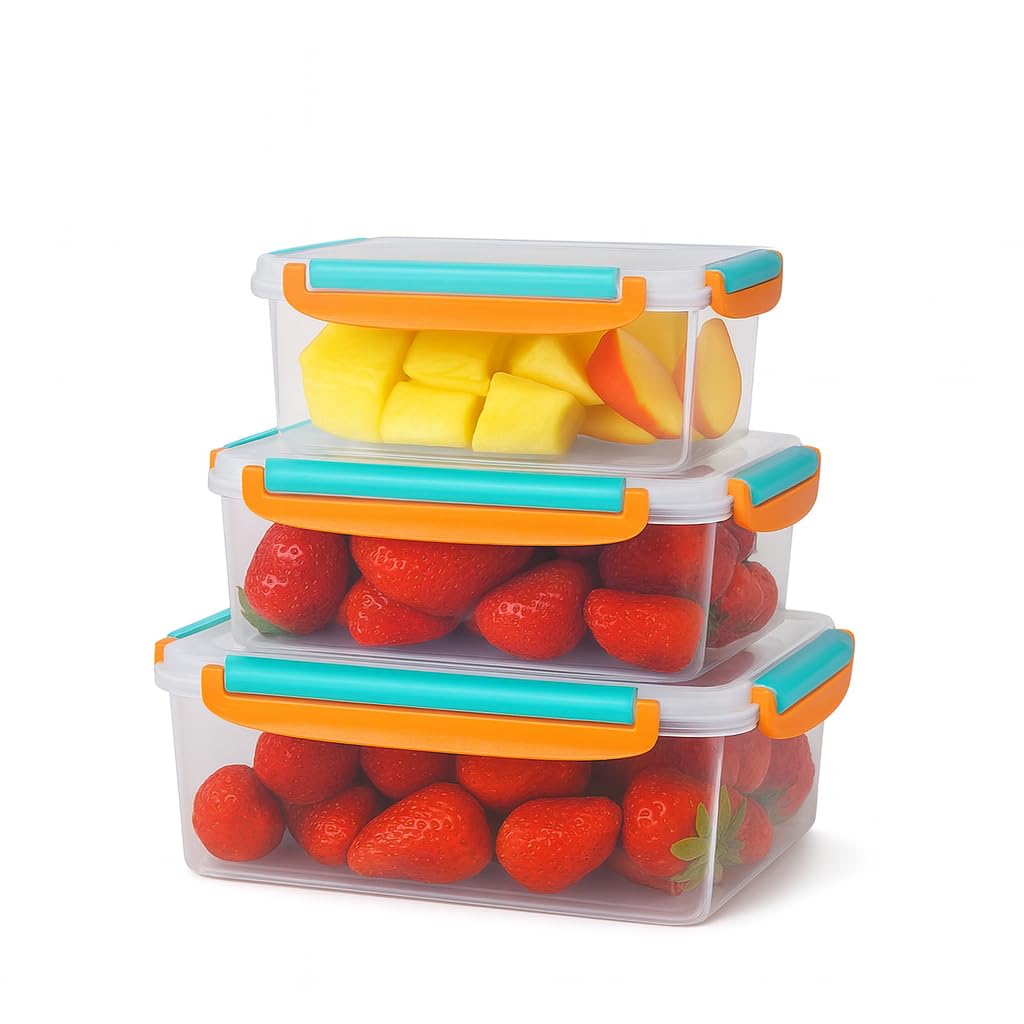 Containers Food Storage Set 3 Pcs Triangle 500/1000/1500ml With Airtight Lids, Microwave Dishwasher Safe Plastic Fridge Organizer For Vegetables Fruits Snacks (Orange)