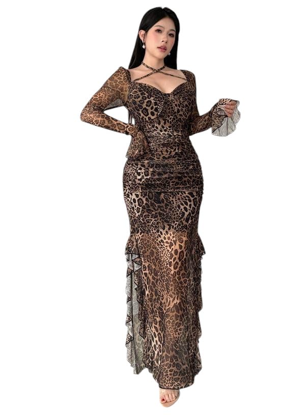 Leopard Print Mesh Maxi Dress Long Sleeve Ruffle Hem and