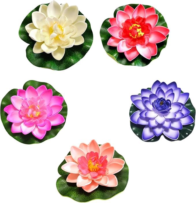 Artificial Water Lilies Floating Flowers Plastic Water Lotus Flowers for Patio Garden Pool 5 Colors 10cm Multicolor