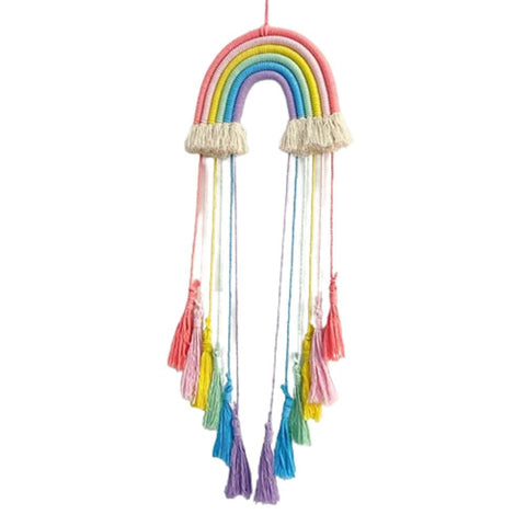 Rainbow Macrame Wall Hanging Boho Wall Decor Handmade Bow Holder Hair Clips Organizer for Bohemian Photo Display Hanger Bedroom Party Decor