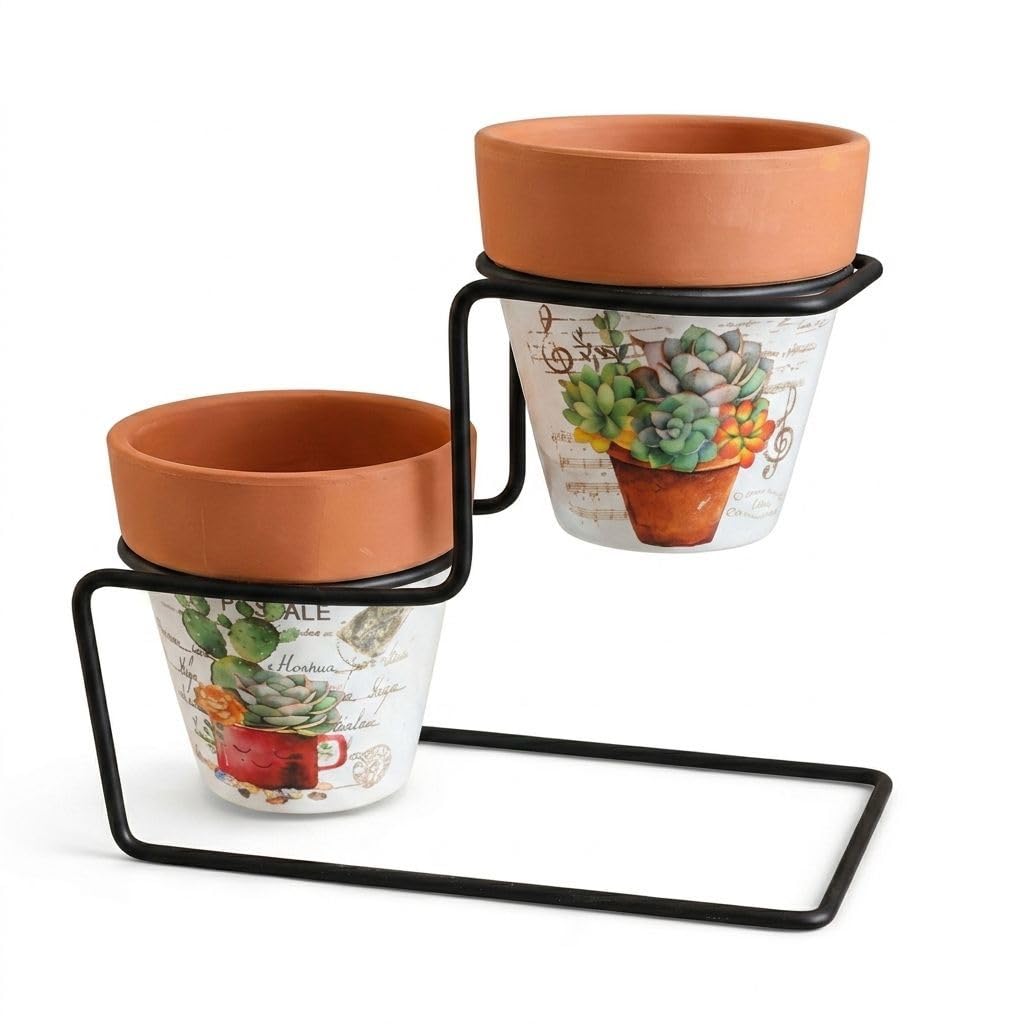 Black Metal Plant Stand with Pottery Pot Decor - Black Metal Plant Stand with Terracotta Pots - Assorted Modern Shapes for Home Office Decoration (Shape 1)