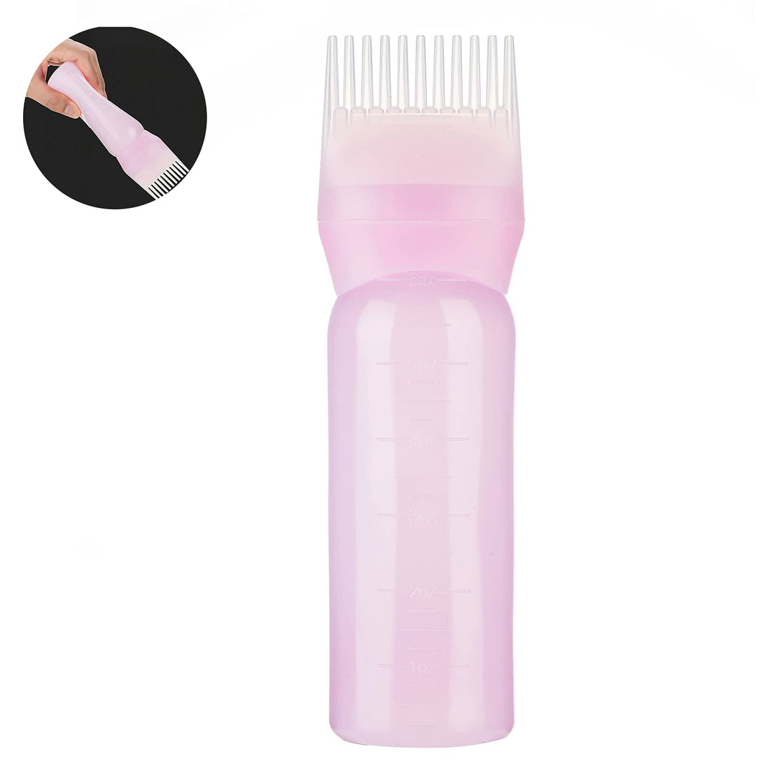 POWSTRO K 6 Ounce Roots Comb Applicator Bottle, Refillable Hair Dye Bottle with Graduated Scale, Hair Coloring Dye and Scalp Treatment Applicator, Pink