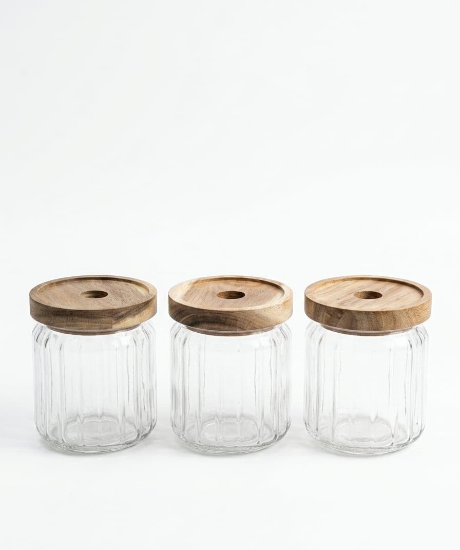 Clear Glass Storage Jars with Wooden Lid Set of 3, 500ml, Cereal, Spices, Nuts