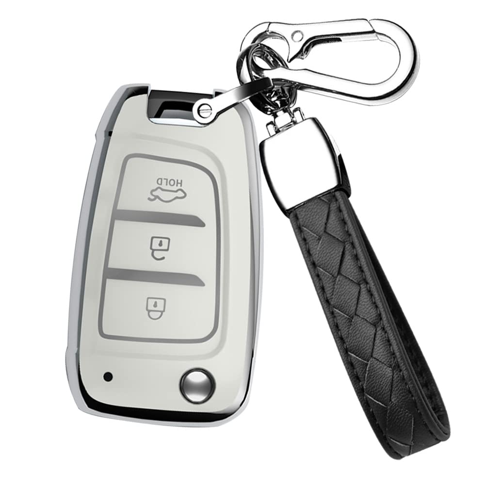 Flip 3 Button Key Fob Cover for Hyundai Elantra Solaris 2 Tucson I30 I35 I40 Ix35 Kona Genesis Santa Fe Azera Verna Accent Celesta Sonata Car Accessories with Keychain-Leather Key Chain(White)