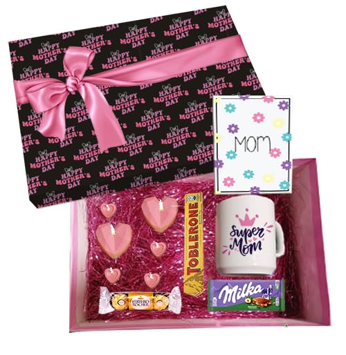 Happy Mother's Day Gift Box with Super Mom Mug, Heart Chocolates, Toblerone, Ferrero Rocher, Milka, and Greeting Card
