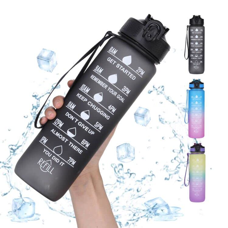 32 OZ Water Bottle with Times to Drink and Straw,Motivation Sports Water Bottle with Time Marker,Reusable Plastic Bottle with Strap for Fitness,Gym & Outdoor (Black)