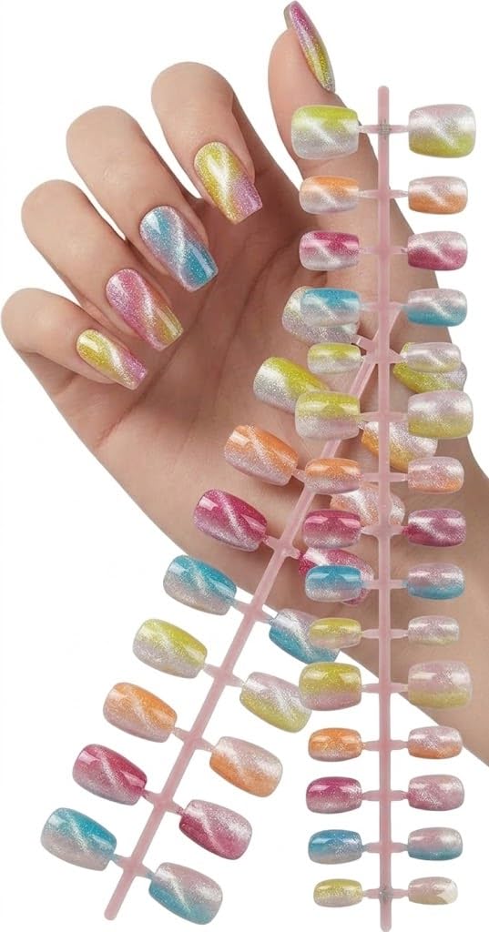 nails PRESS ON NAILS- 24pcs Medium -False Nails, Perfect For Parties, Comes FACE-squar shape WITH ONE SHEET DOUBLE FACE - SHAPE multicolor mix