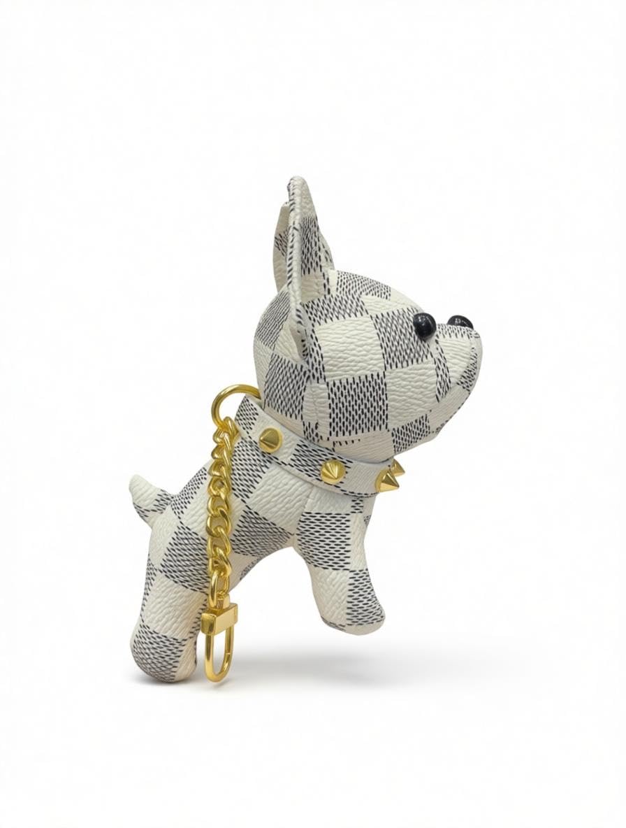 Plush Dog Charm - Soft cotton plush French Bulldog keychain with leather detailing, ideal for bags, keys, or as a trendy decorative accessory