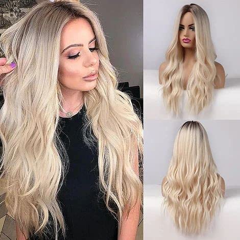 ECIF Long Curly Wavy Hair Wig For Women Middle Part Synthetic Hair Wig Ombre Blonde Hair Wigs For Daily Use