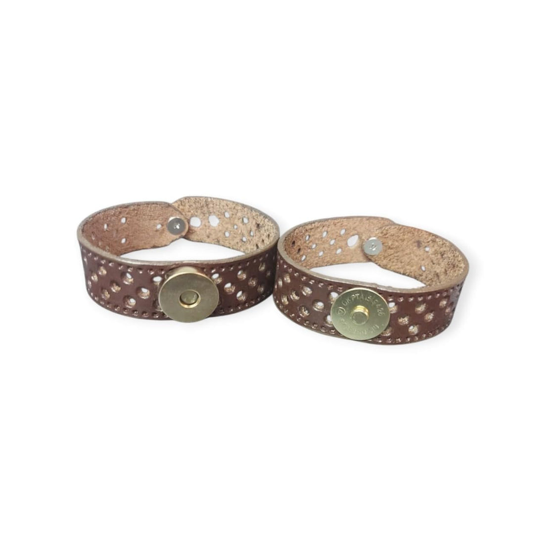 Brown Leather Bracelet with Magnetic Clasp, Studded Design, Adjustable Snap Closure, Unisex Statement Accessory, 20cm