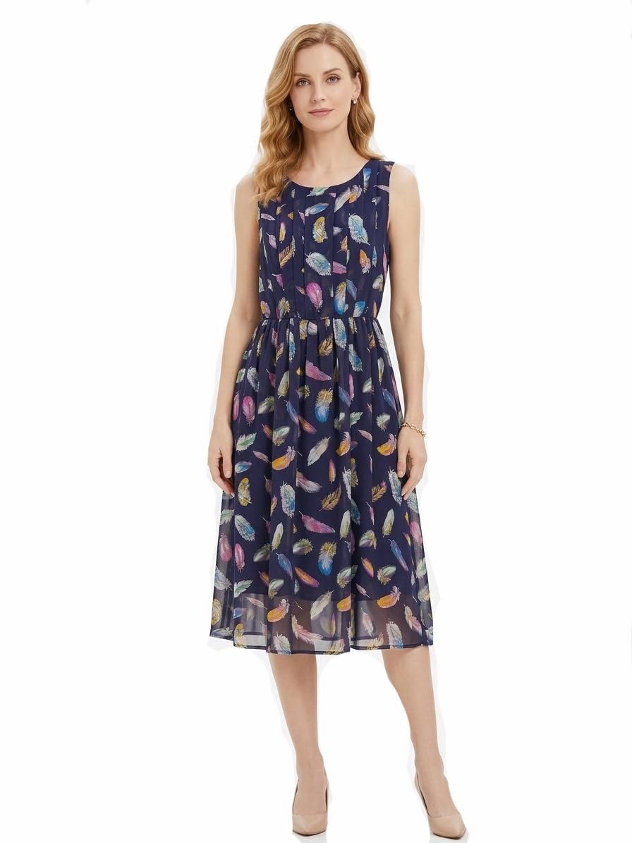 Women's Casual Sleeveless Chiffon Mini Dress with Colorful Feather Print - Navy Blue, Size Small (S), 91cm Length (Thomas & Splendor)