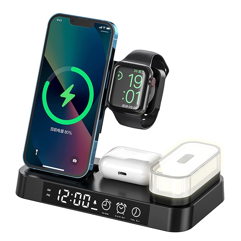 Wireless Charger, 4 in 1 Wireless Charging Station with LED Night Light, Digital Clock, Alarm Clock for AirPods and Watch, for Apple iPhone, for Samsung Galaxy, and All Qi-Enabled Devices (Black)
