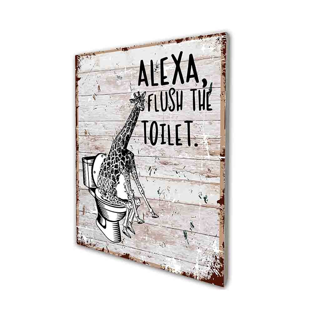 akeke Alexa Flush The Toilet Funny Bathroom Quote Sign, Giraffe Retro Farmhouse Wood Wall Art Decor Gift Idea for Friend Family Office/Home Guest Bathroom