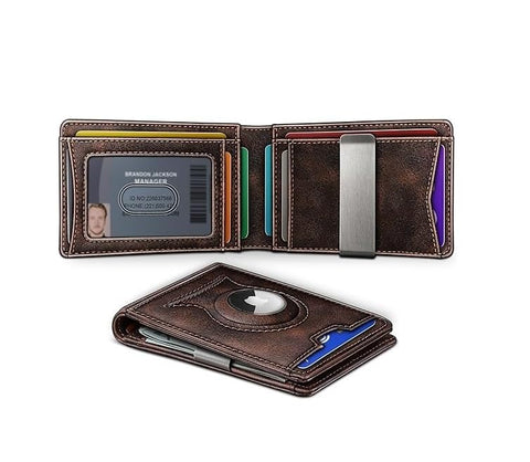 Men’s Slim Airtag Wallet – RFID Blocking Card Holder for 11 Cards, Seamless Apple Airtag Slot, Minimalist Design (Forest Brown)
