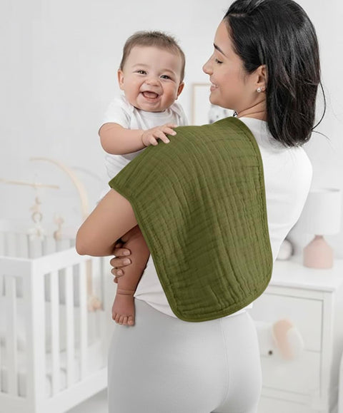 Organic Cotton Muslin Burp Cloth, Olive Green Baby Shoulder Cover, Soft Absorbent Nursery Essential