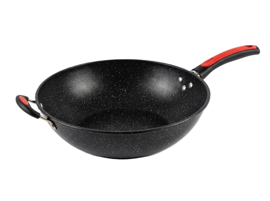 Deep Frying Pan, Asian Wok, Granite Coated, Non-Stick, Two Heat Resistant Handles, Dishwasher Safe, Large Size, 34 cm, Black.