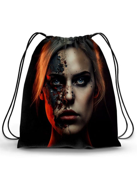 Drawstring Backpack with Horror Face Print, Black, Plastic, 50 Grams