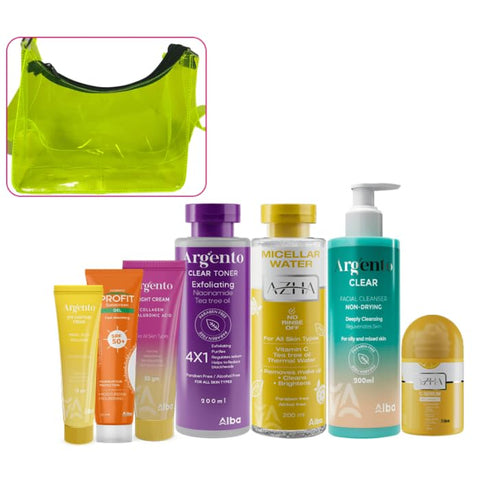 clear200ml+azha serum30ml+azha pelling30ml+eye contour15gm+night30gm+profit gel25ml+green bag