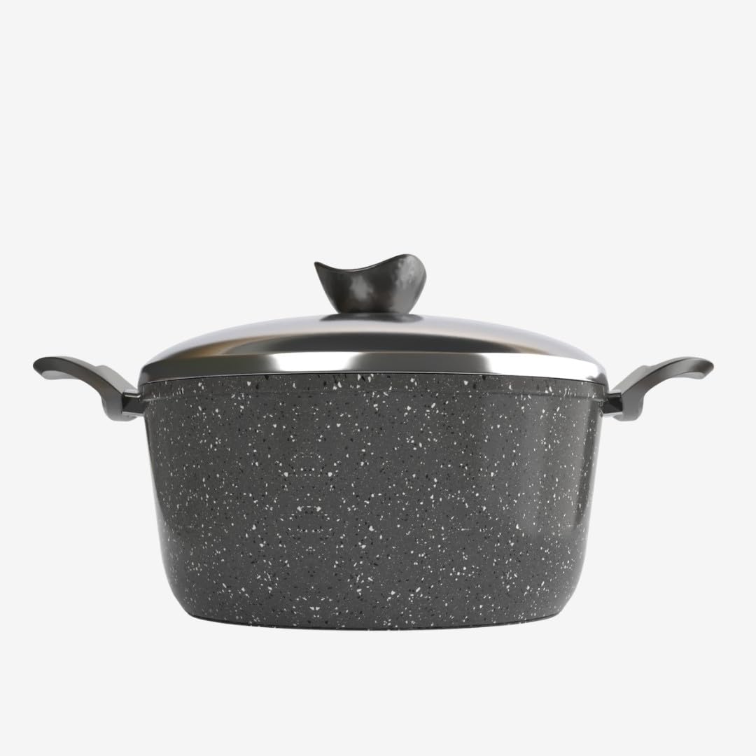 18 cm Premium Granite Stewpot in Grey with a durable 5 mm body for excellent heat distribution. Premium non-stick granite coating ensures healthy cooking and easy cleaning.
