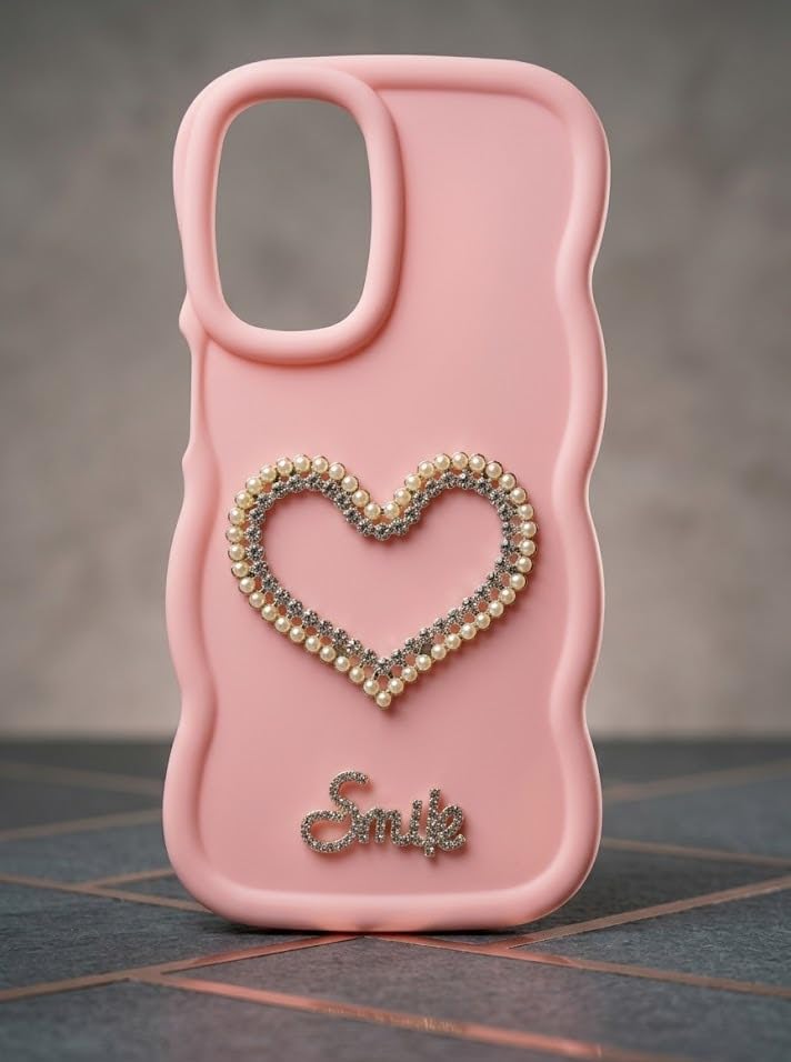 Pink Phone Case for Samsung A23, Pearl and Rhinestone Heart Design, Wavy Edge