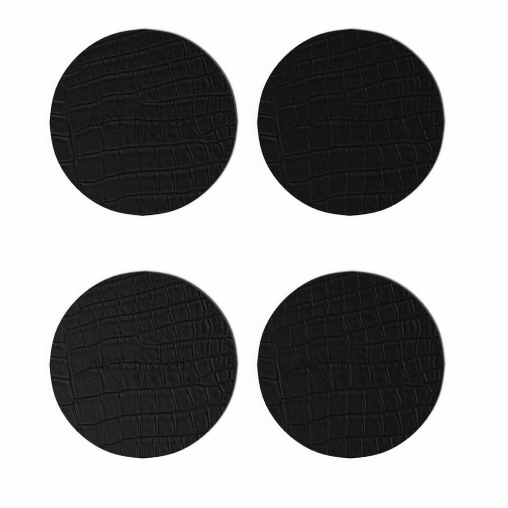ART MOOD HOME Circle Leather Coaster Set - Premium Faux Leather Coasters with Stylish Touch, Heat-Resistant and Scratch-Proof - Perfect for Coffee Tables, Dining, and Home Decor, Set of 4 - Black