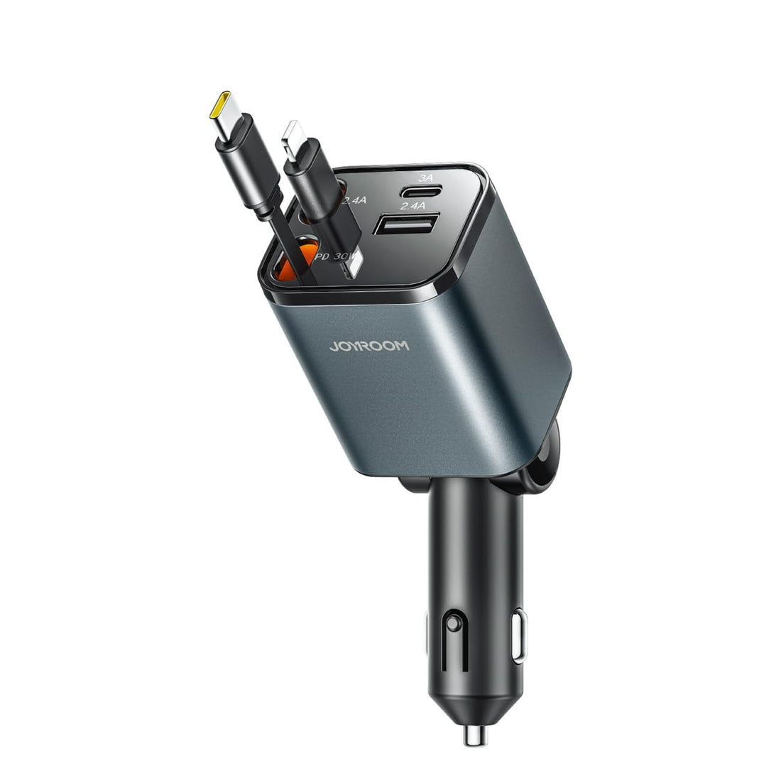 Joyroom JR-CCL05 4-in-1 Retractable Car Charger - Dual USB & Type-C Ports, Fast Charging, Space-Saving Design, Compatible with Smartphones & Tablets - Dark Grey