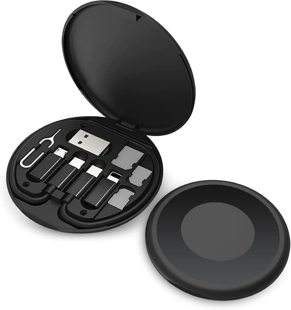 USB Cable Conversion Storage Box, Multi-Type Charging Line Adapter, Type-C Micro Lightning Data Transfer Tool, Contains SIM Card Slot and Tray Eject Pin Used as Mobile Phone Holder, Black (Black)