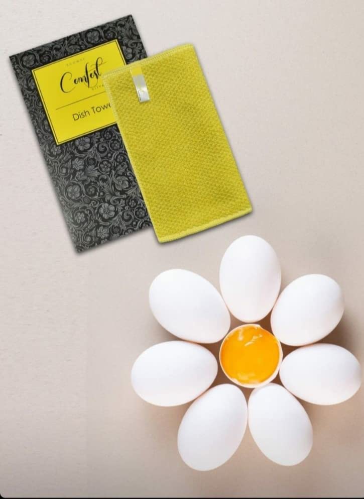 Yellow dish towel by Ecoway Strong threads on the double-sided The microfiber from which this towel is made can ensure complete cleanliness without the use of chemicals.