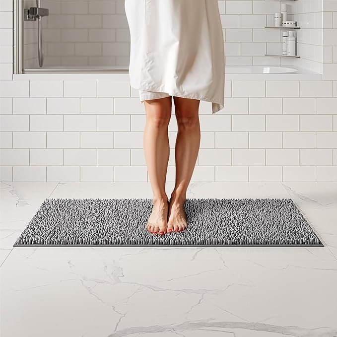 Plush Microfiber Long Runner - Non Slip Soft Bathroom Rug, Absorbent Machine Washable Chenille Bath Mat | Quick Dry Carpet, Great for Bath, Shower, Bedroom, or Door Mat (Charcoal Gray, 47x21)