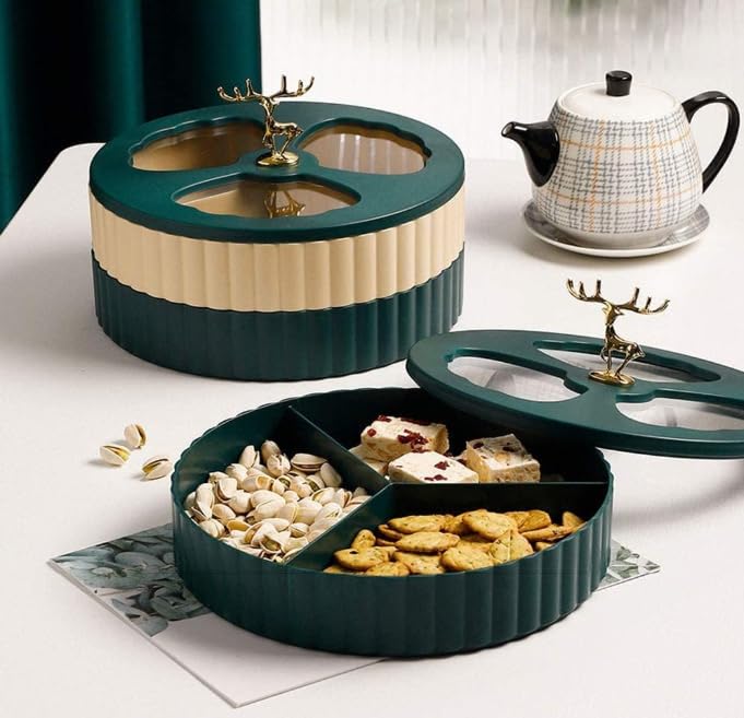 2 Layer Tasley Serving Plate with Clear Lid and Golden Handle Deer Shape Acrylic Dessert Nuts Biscuit Imported