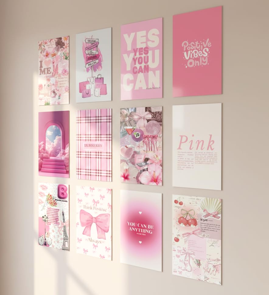 Pink Wall Posters (12 Pack) – 300g Glitter Koche Paper Wall Decor Kit with Double Adhesive Ready to Be Used for Bedroom, Classroom Corners, or Student Rooms