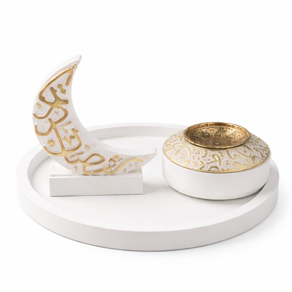Elegant Ramadan Decor Set 3 Pieces White Polyester Material - Incense Burner, Crescent and Serving Plate