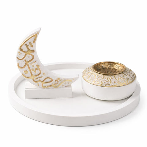 Elegant Ramadan Decor Set 3 Pieces White Polyester Material - Incense Burner, Crescent and Serving Plate