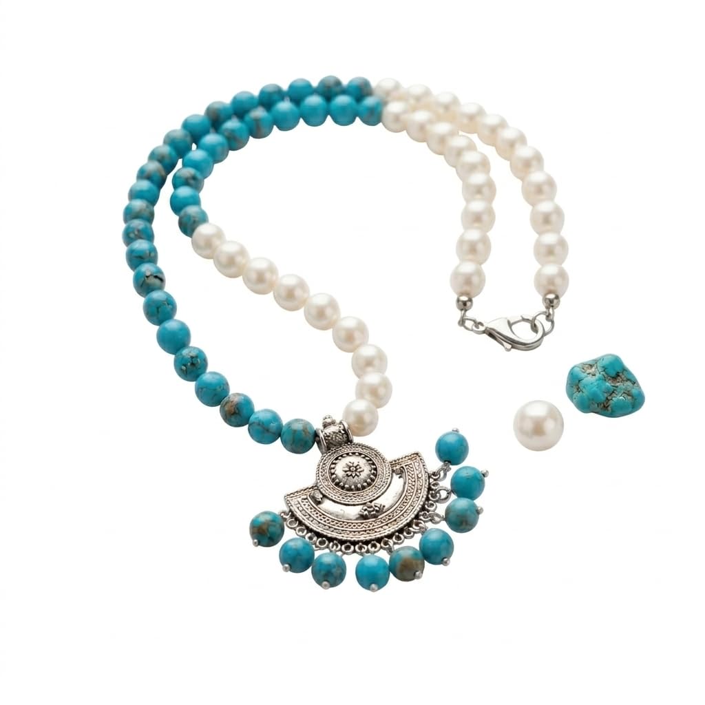 Natural Turquoise Stone Pearl Necklace Unique and Elegant Design - Luxury Handmade