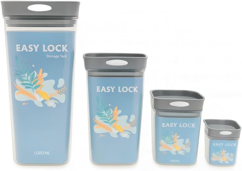 Food Storage Acrylic Containers Set 4 Pcs Easy Lock Airtight Jars With Lids 400ml 600ml 800ml 1000ml For Kitchen Pantry Organization Flour Sugar Legumes Spices Snacks (Grey)