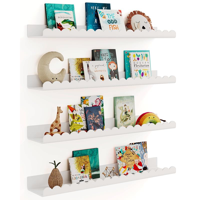 Best Media 4 Pack White 60 cm Acrylic Book Shelf for Kids Room, Floating Kids Book Shelves for Wall, Nursery Book Shelves, Magazine Rack, Picture Ledge - White, 60 cm